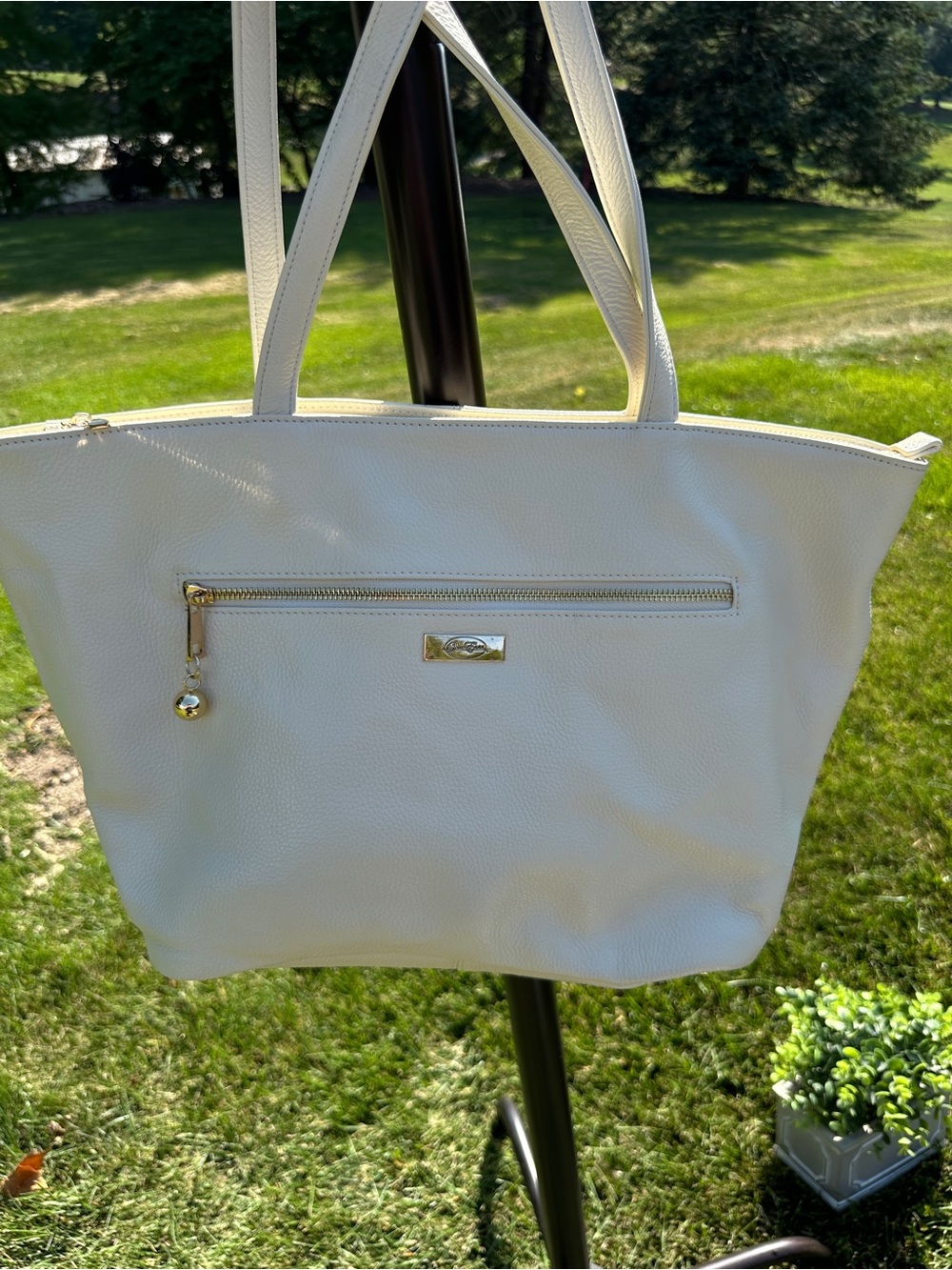 Onna Ehrlich French Vanilla pebbled Tote Bag woth gold tone logo plaque